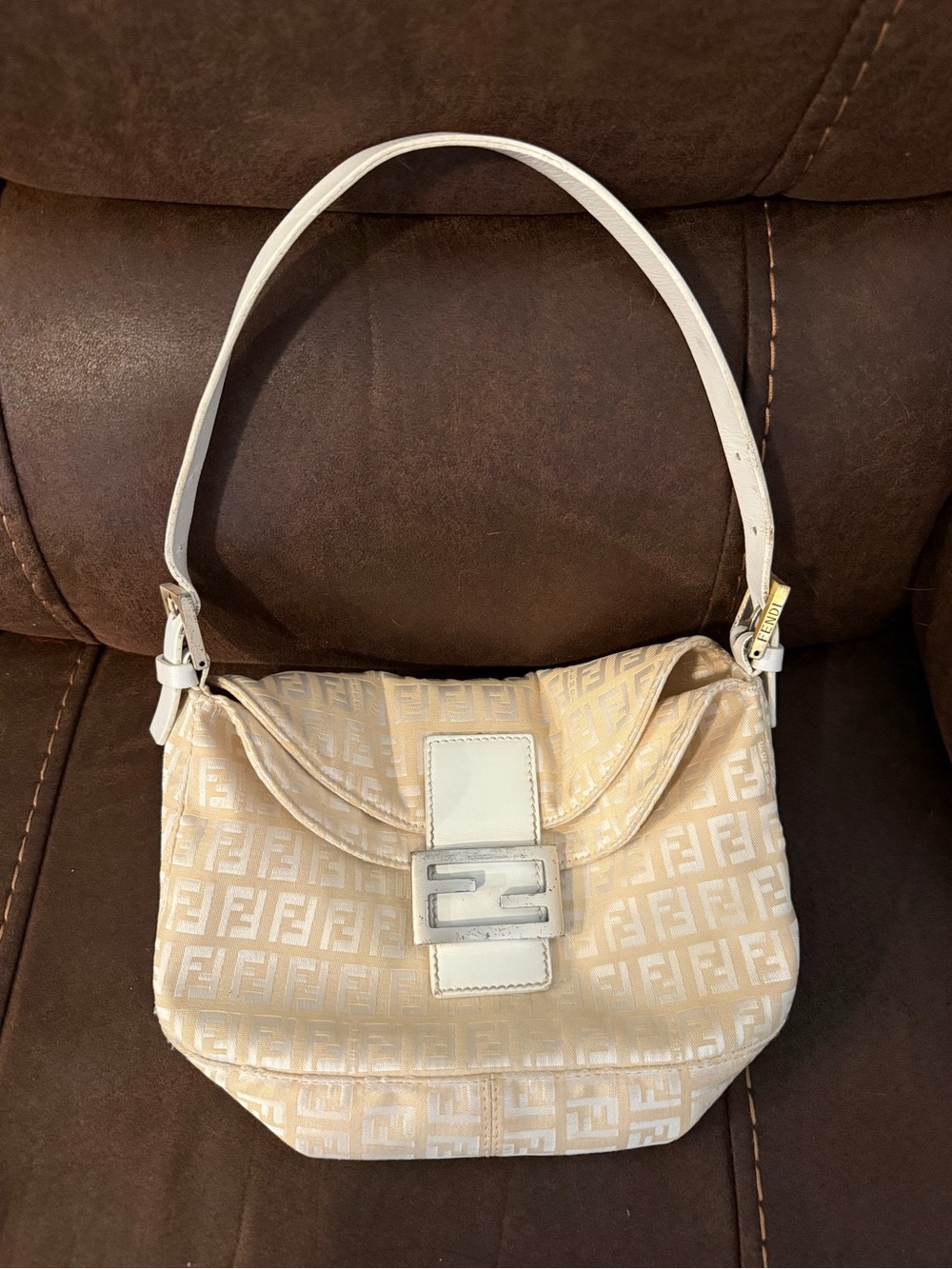 Fendi Beige and White Silver Baguette